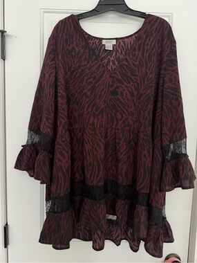Avenue Burgundy and Black Animal-Print Tiered V-Neck Tunic